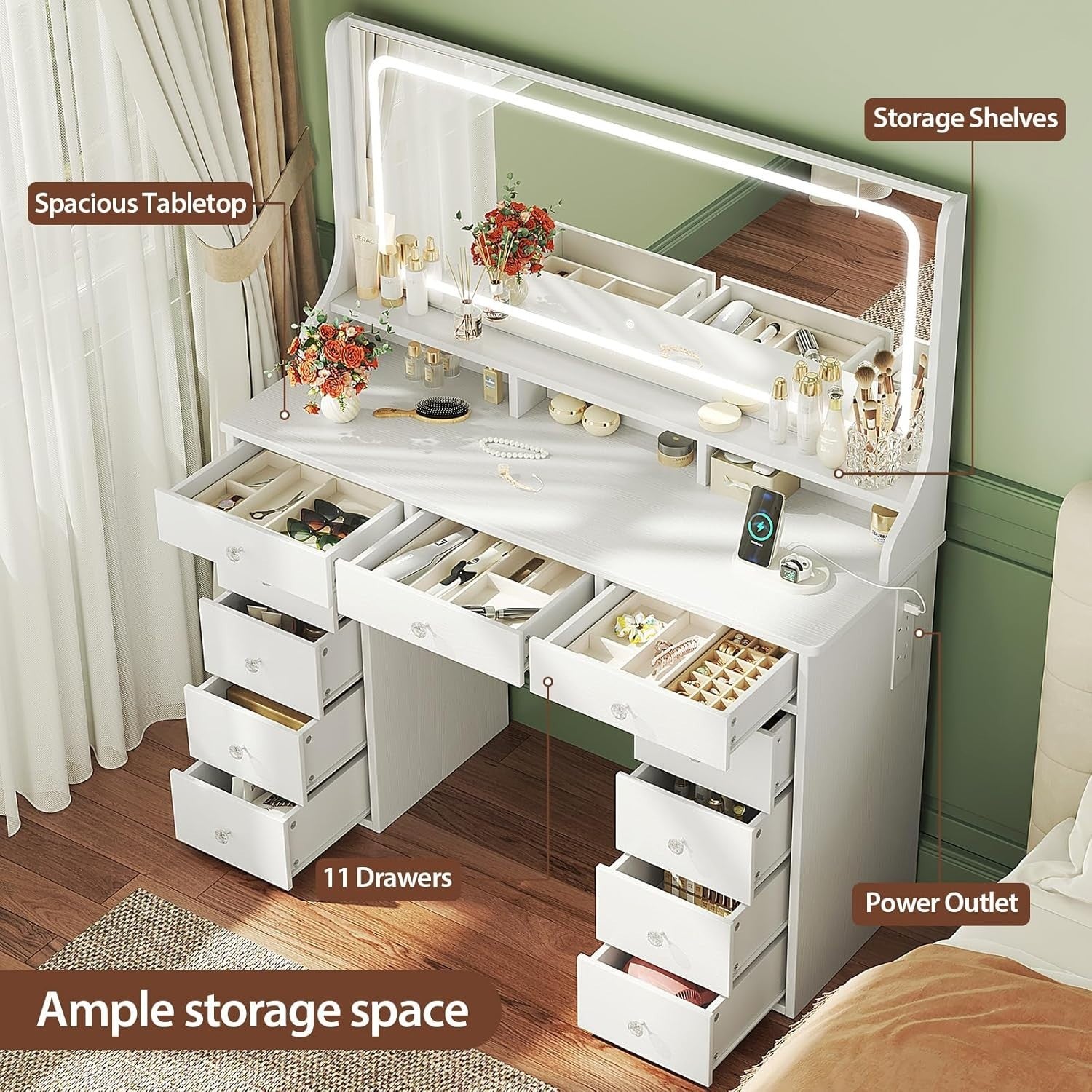 Large White Vanity Dressing Table Desk 11 Drawers LED Mirror Makeup Storage