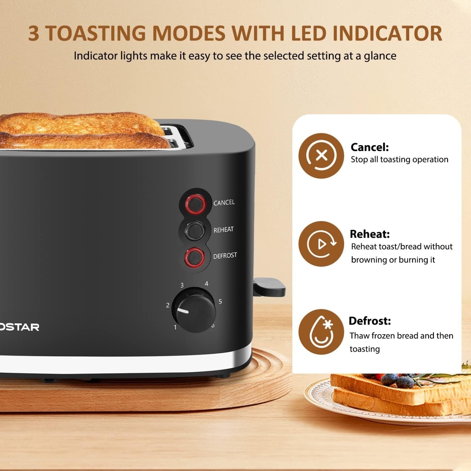 Wide Slot 2-Slice Toaster with Warming Rack, Adjustable Browning, 800W Black