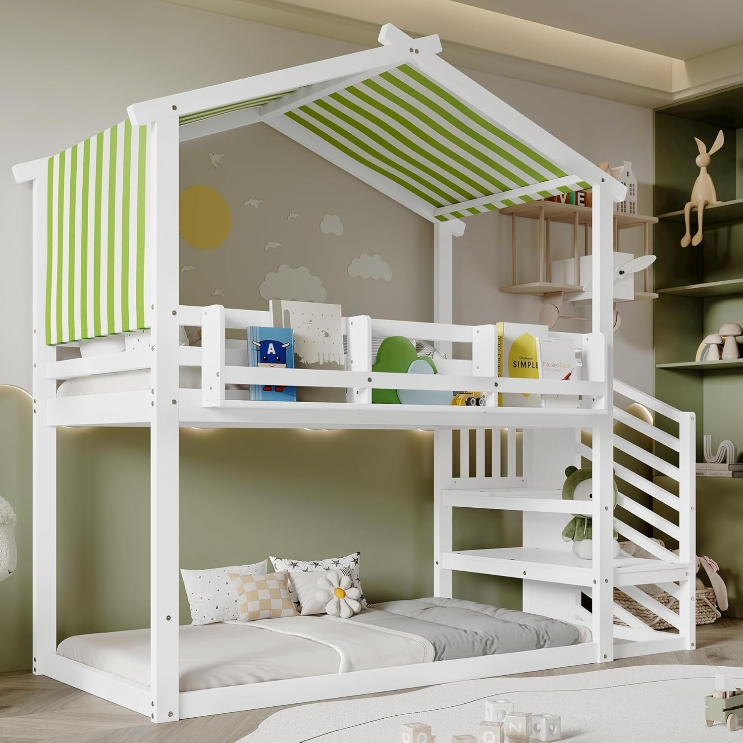 Kids Bunk Bed with Bookshelf & Stairs, Canopy Frame, No Mattress