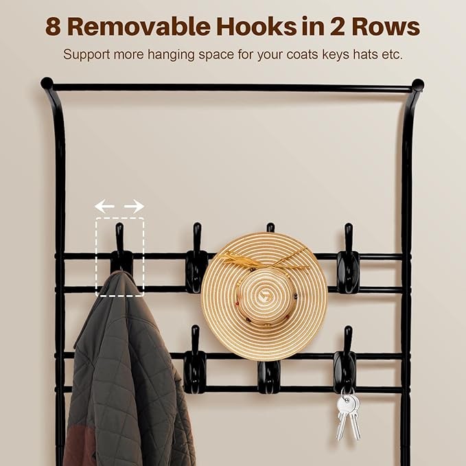 Freestanding Coat Rack with Shoe Bench & Hooks | Black Metal Hall Tree Organizer