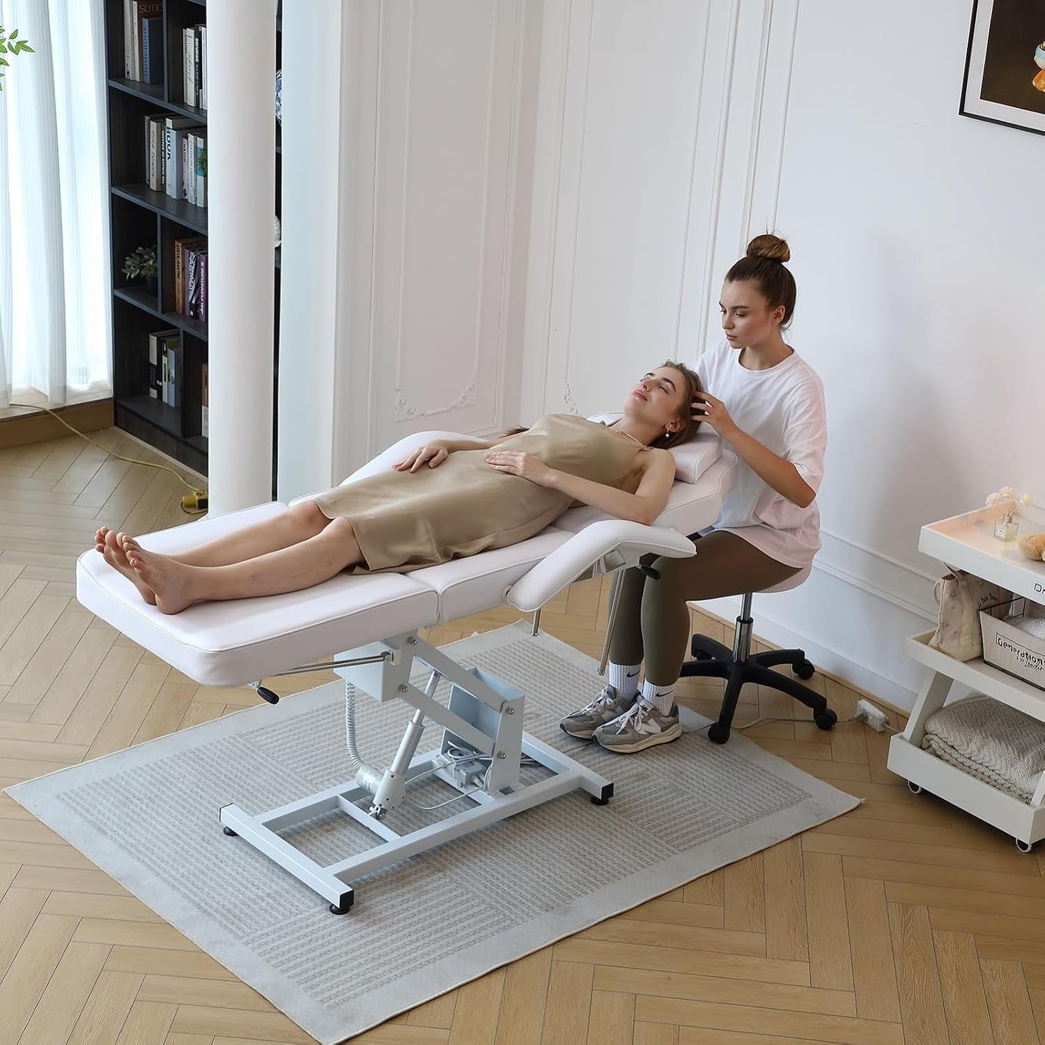 Electric 3-Section Beauty Massage Bed w/ Head Cushion & Swivel Stool White