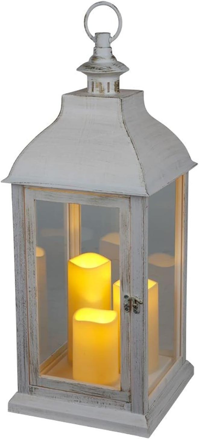 White Decorative Lantern with 3 LED Candles Flickering Light Timer