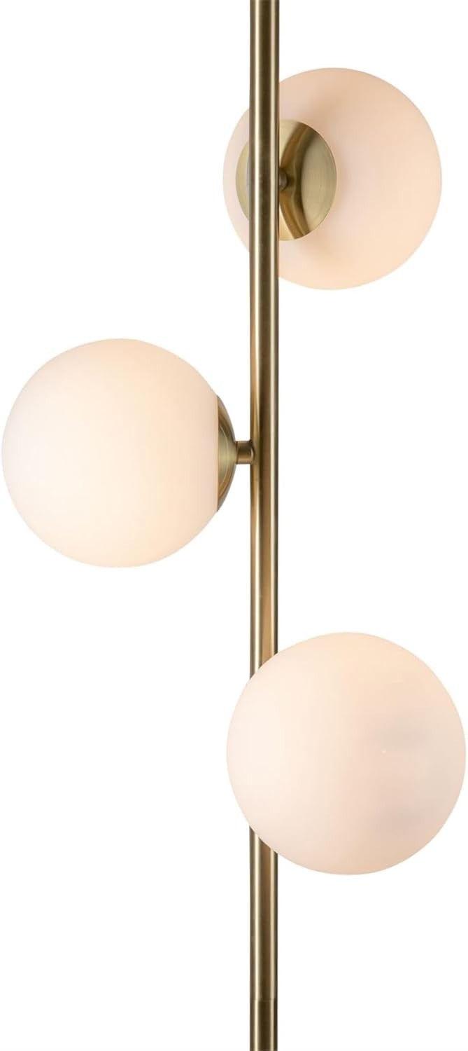 Modern Satin Brass Floor Lamp with Opal Glass Globes & Foot Switch