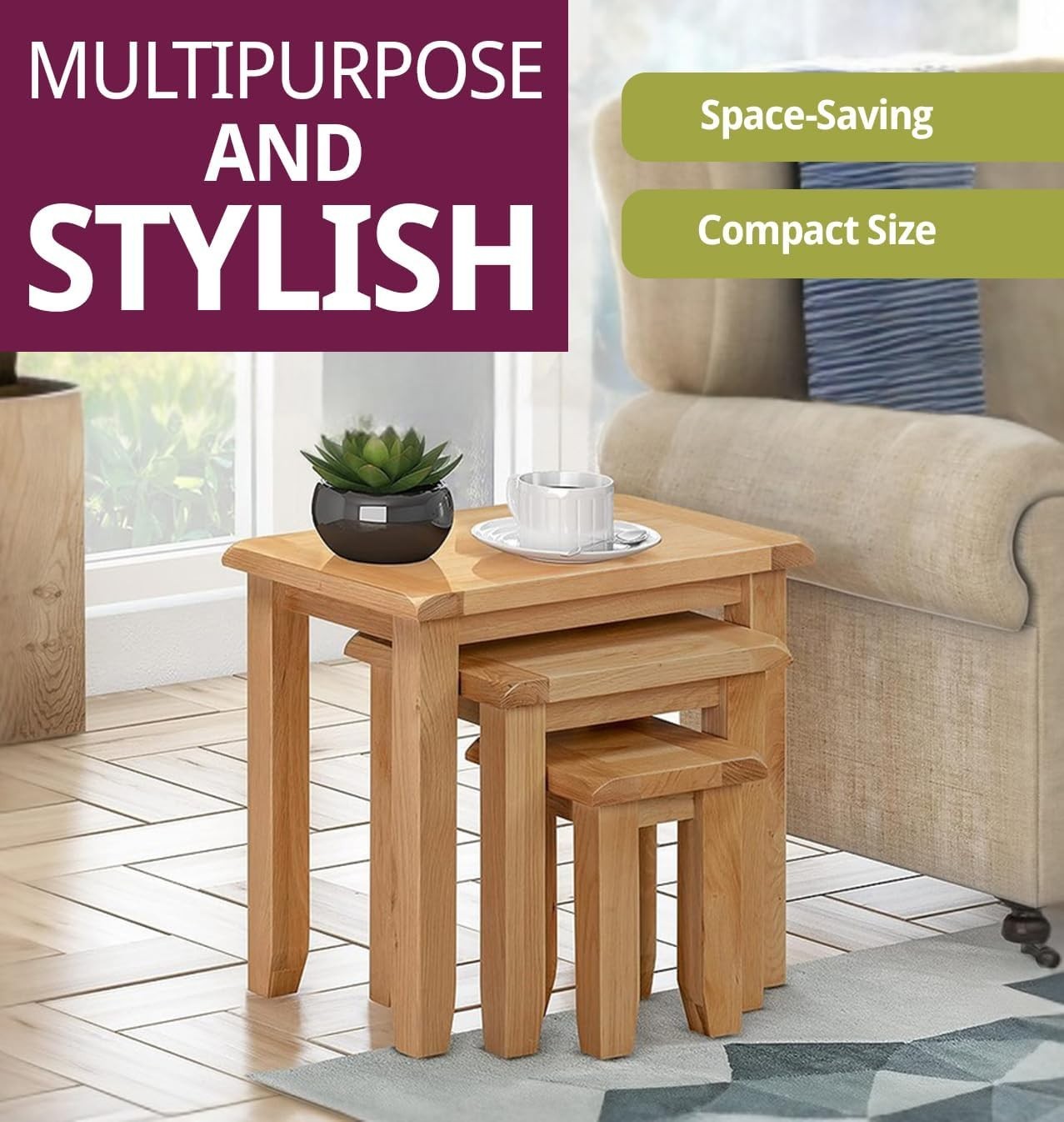 Nest of 3 Coffee Tables Solid Oak Wood Light Rustic Side End Set Space Saving