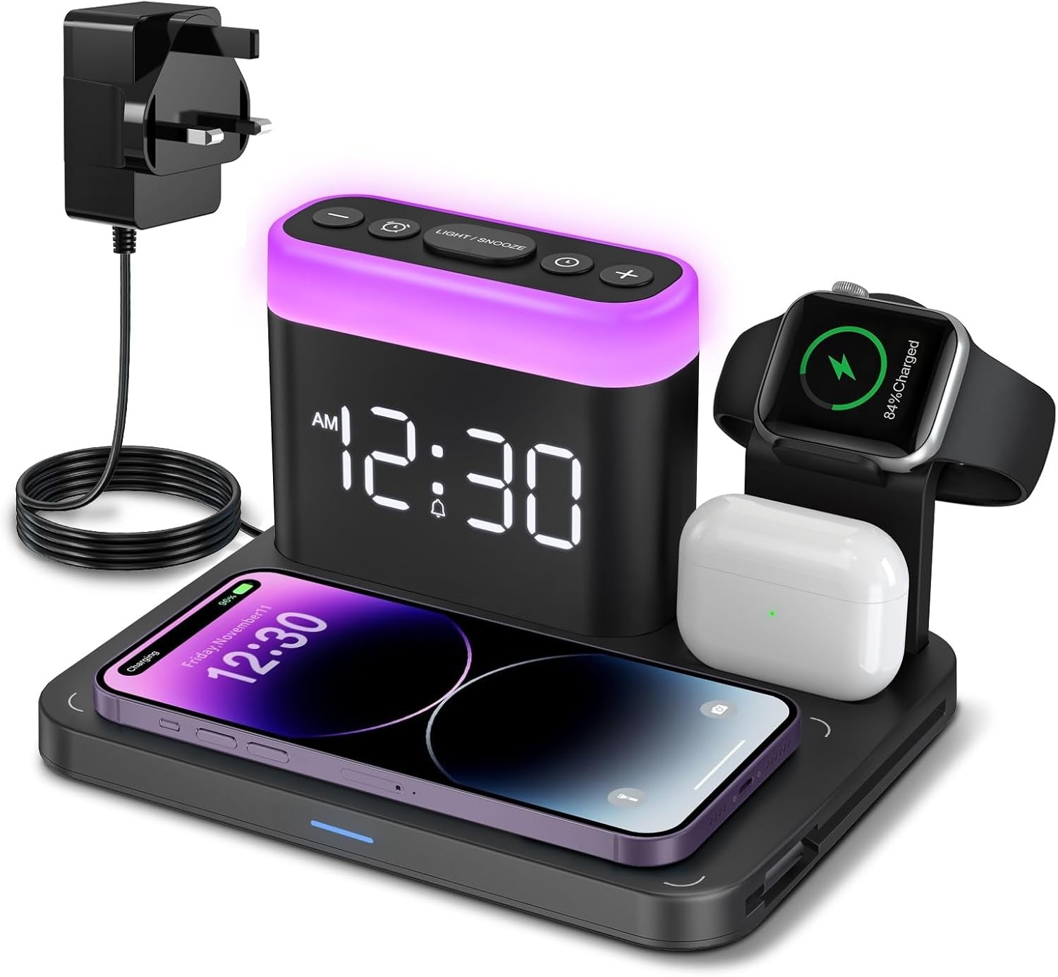 Black 5-in-1 Wireless Charging Station Alarm Clock Night Light Phone Watch
