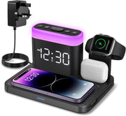 Black 5-in-1 Wireless Charging Station Alarm Clock Night Light Phone Watch