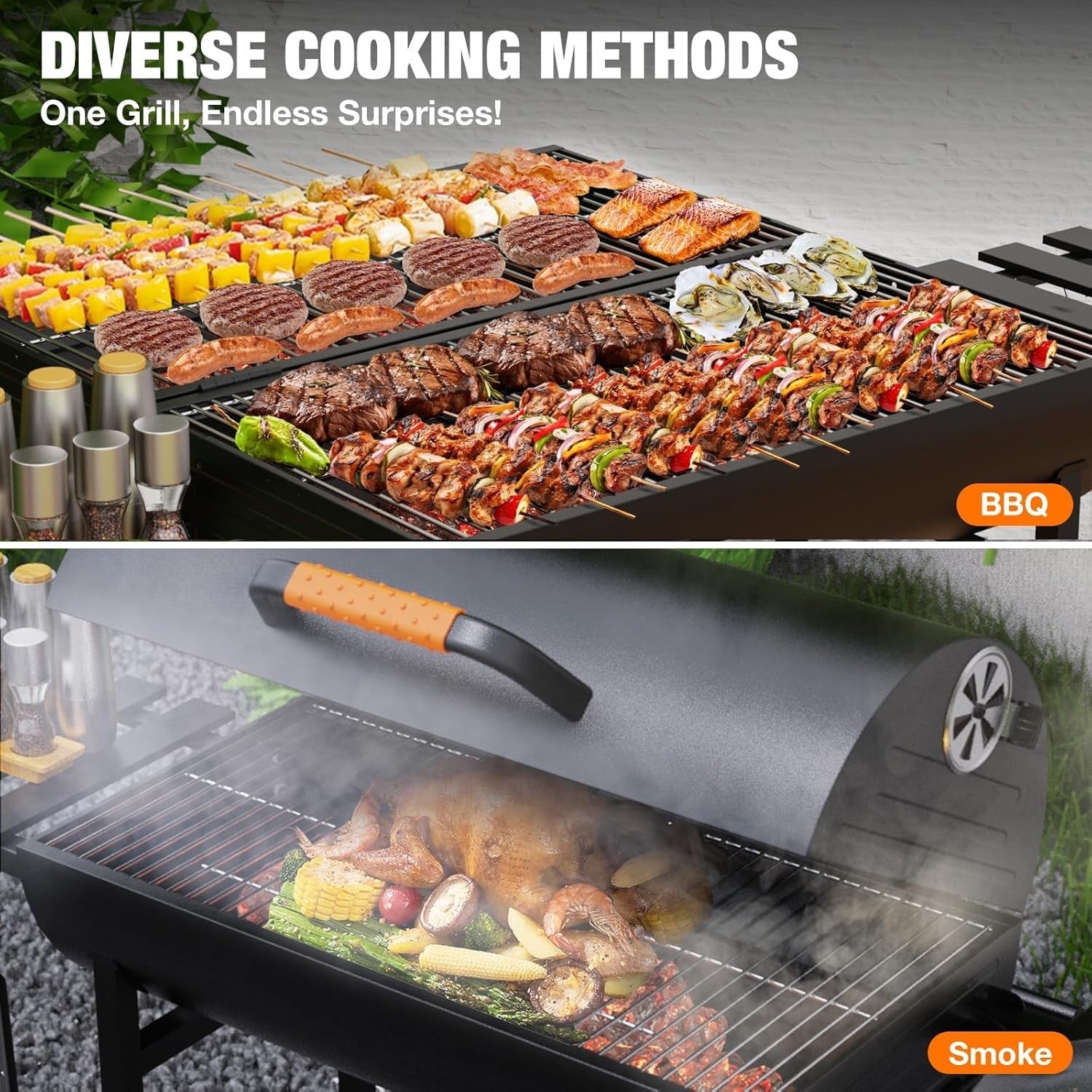 Extra Large Charcoal BBQ Grill Trolley 918 sq in Cooking Space w/ Side Tables
