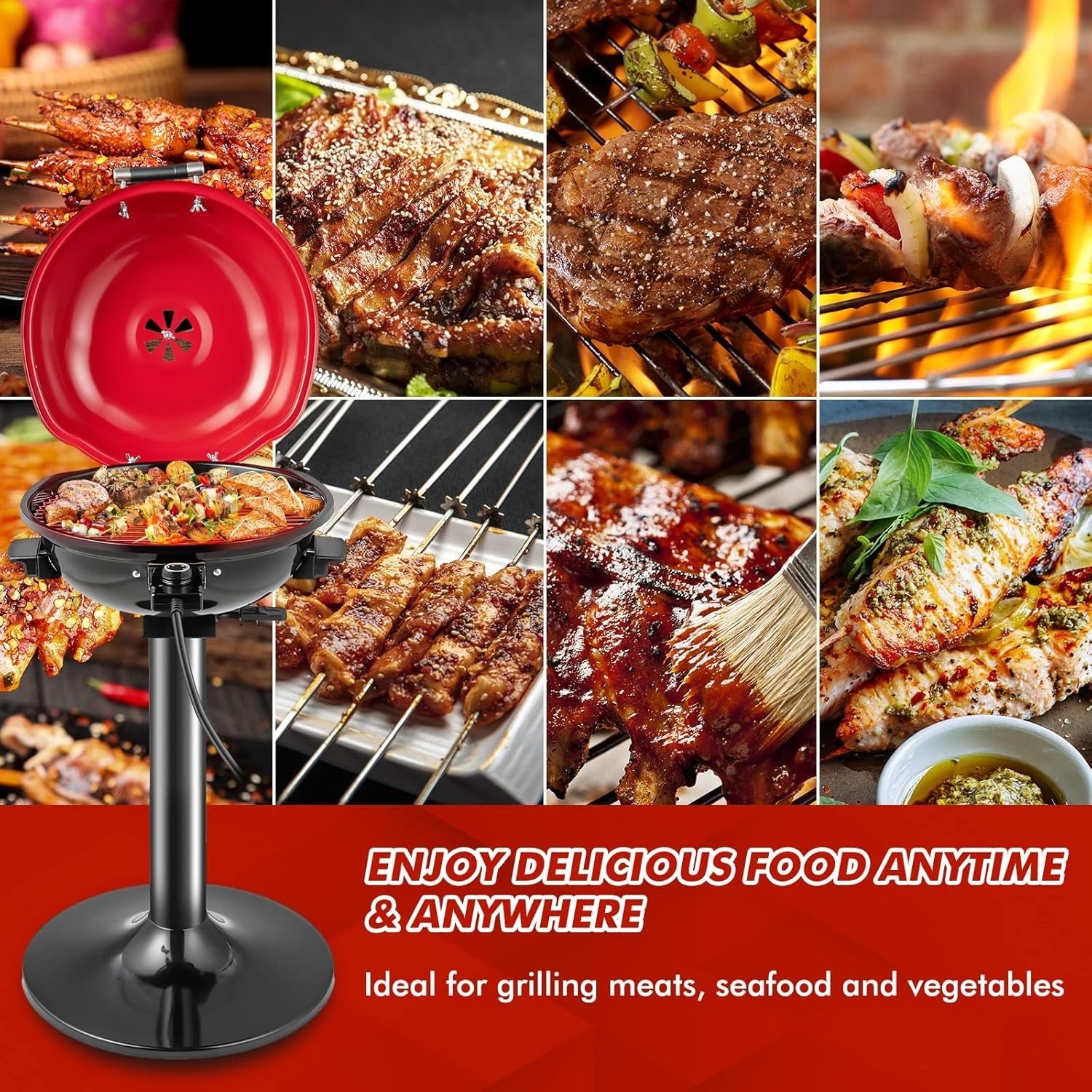 Portable Electric BBQ Grill 1600W with Stand & Lid | Adjustable Temp