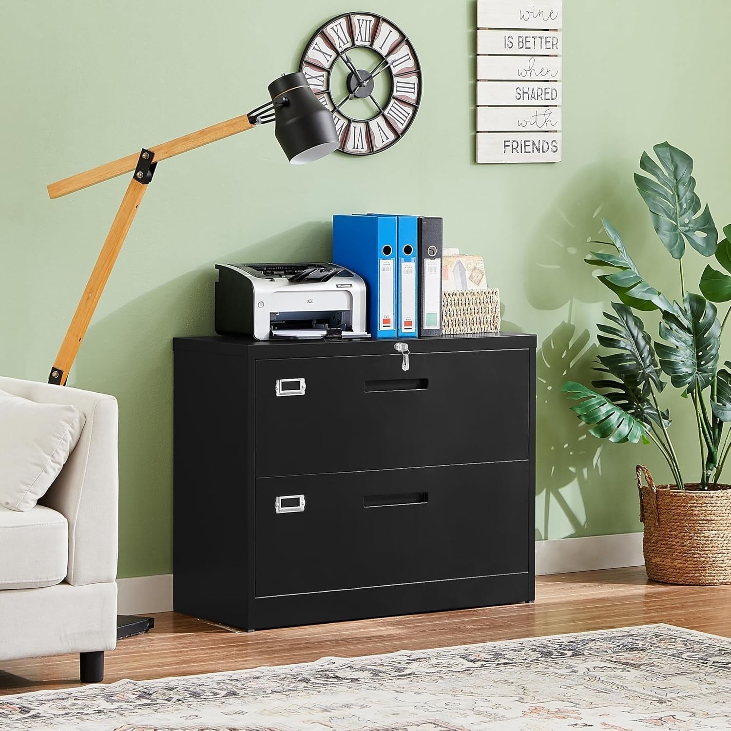 Black Steel Lateral Filing Cabinet 2 Drawer Wide Lockable File Storage