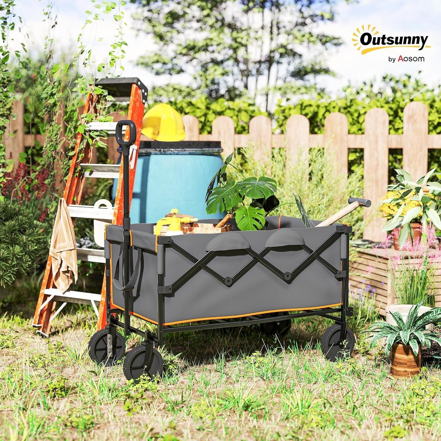 160L Folding Festival Trolley 100kg Heavy Duty Wagon w/ Tailgate – Grey/Orange