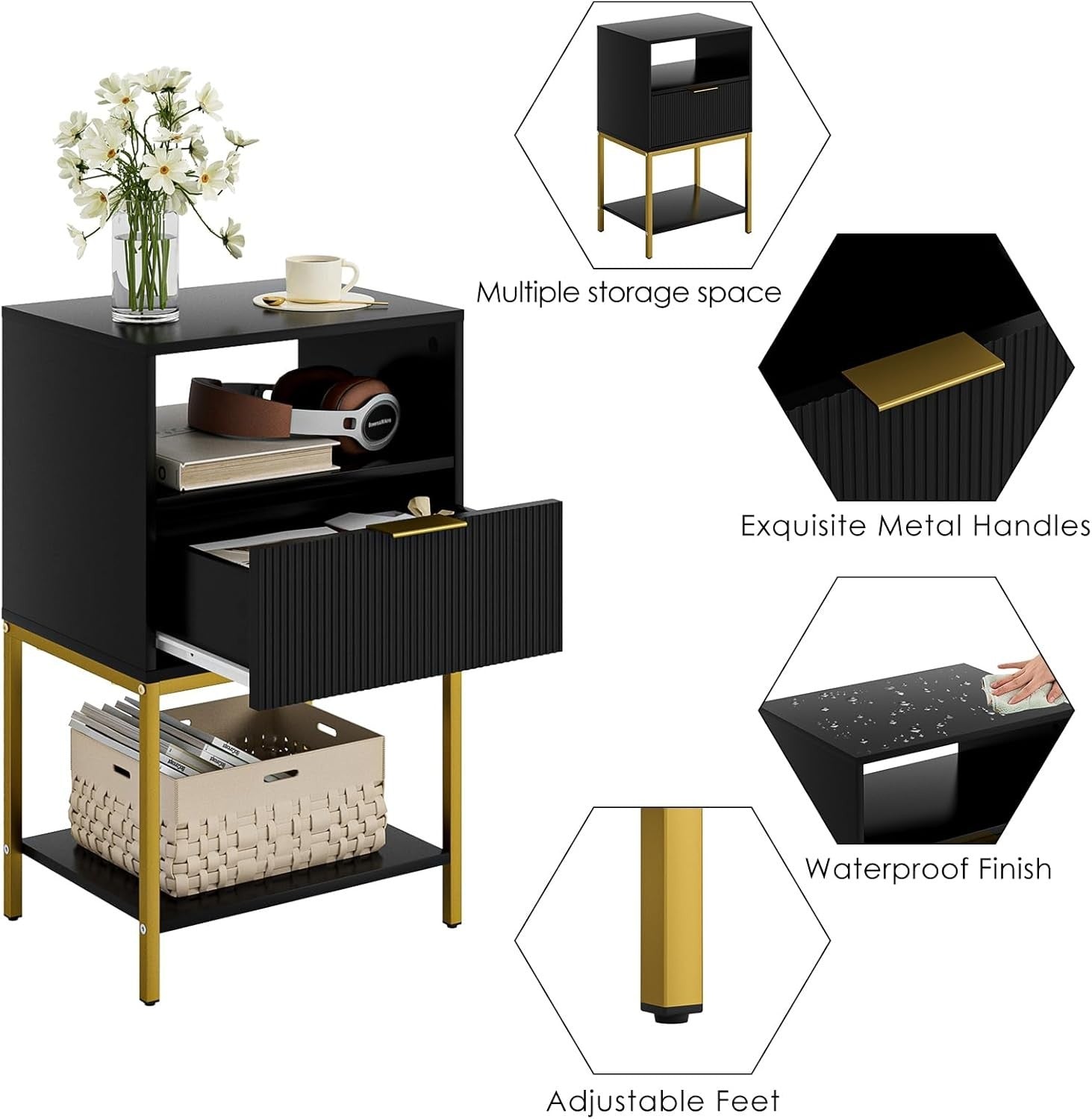 Modern Black Bedside Table with Gold Legs – 3-Tier Fluted Storage Nightstand