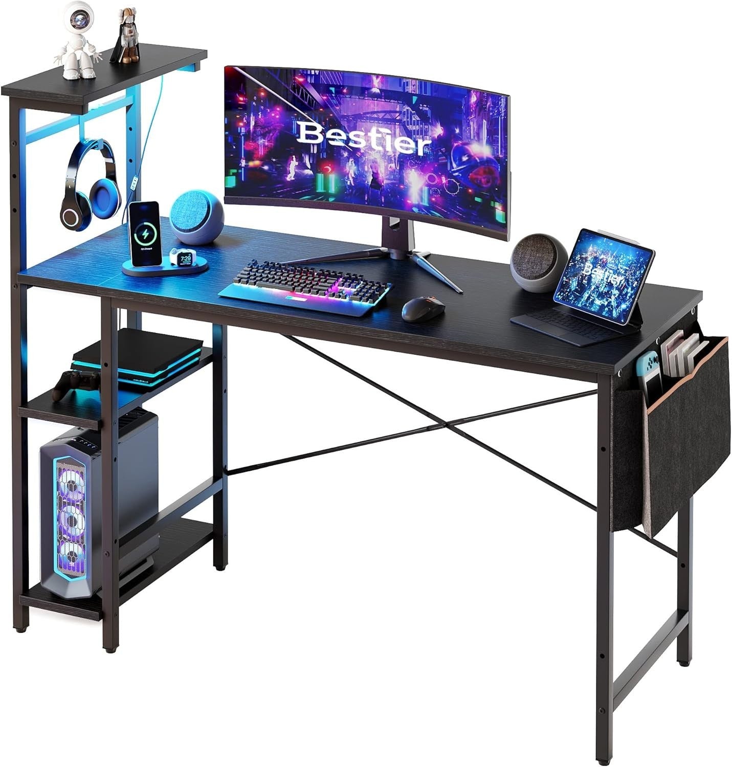 Black 140cm Reversible Gaming Desk w/LED Lights & Storage Shelves