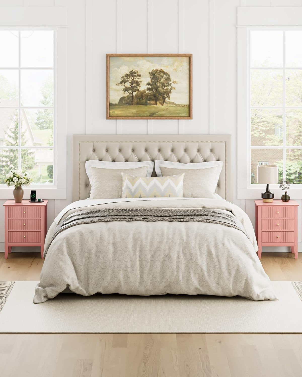 Modern Pink Bedside Table with 3 Drawers Wooden Nightstand Bedroom Storage