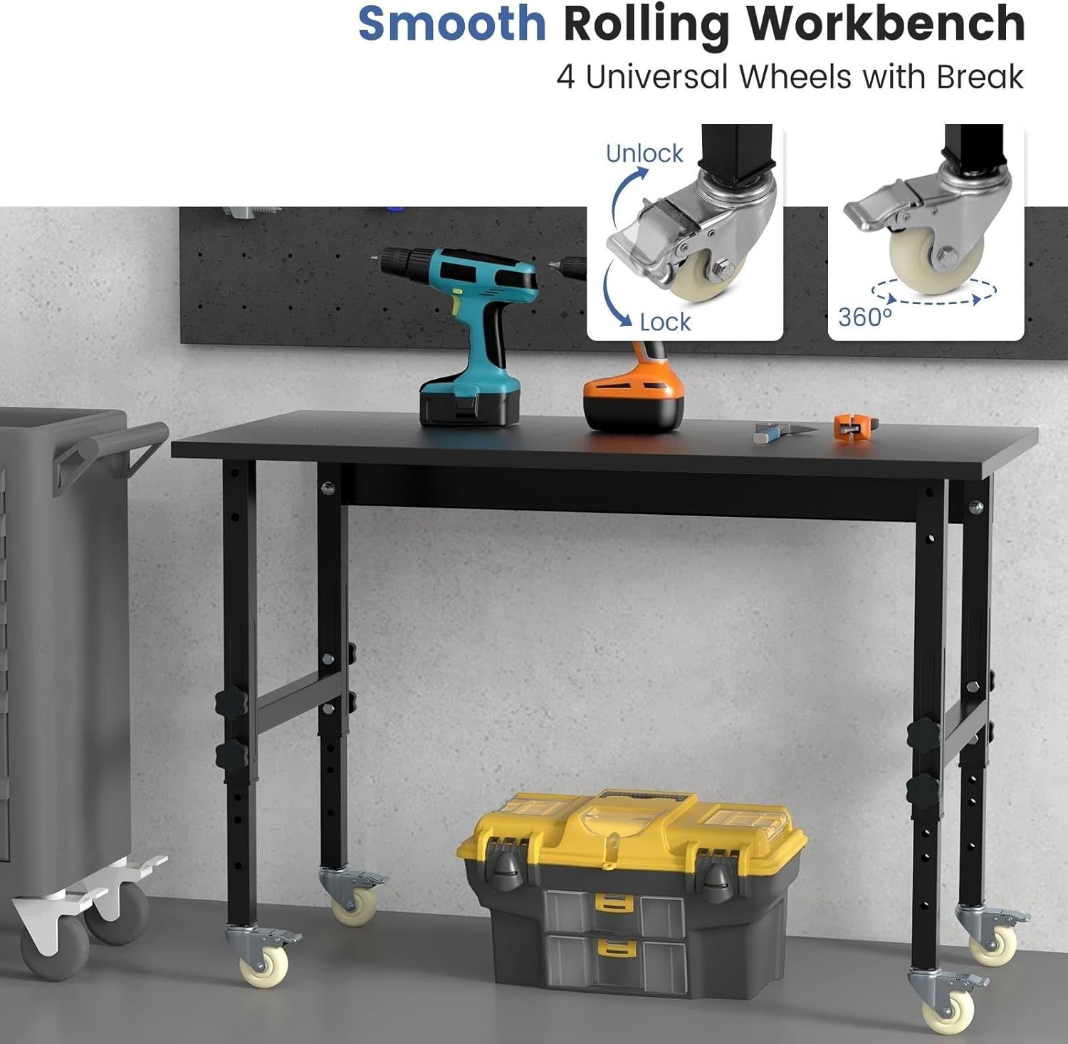Height Adjustable Workbench 120x60cm 10-Level Rolling Table Bamboo Top