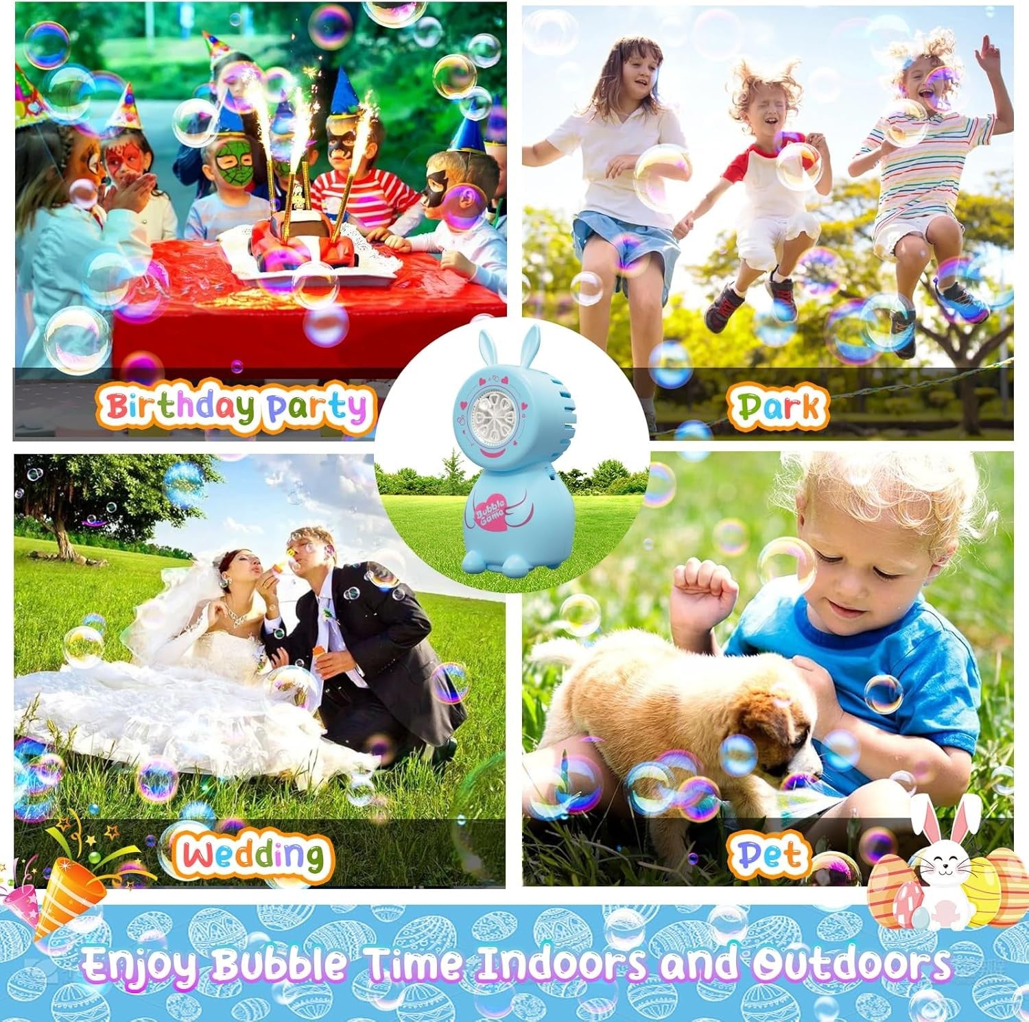 Easter Bunny Bubble Machine Kids Toy 8 Hole LED Portable Blue