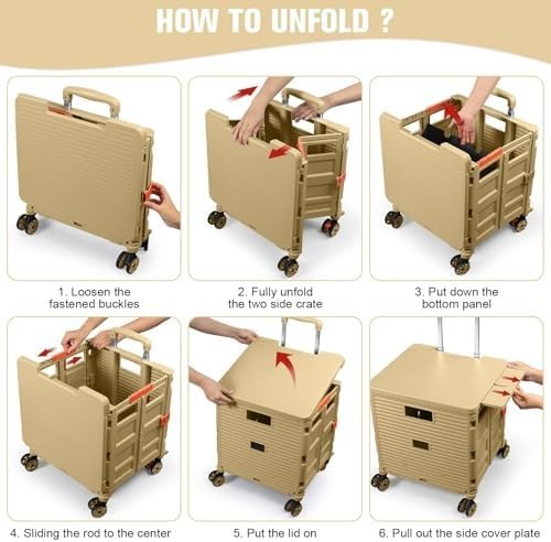 Heavy Duty Folding Shopping Cart 55kg Trolley 360° Wheels Foldable Khaki