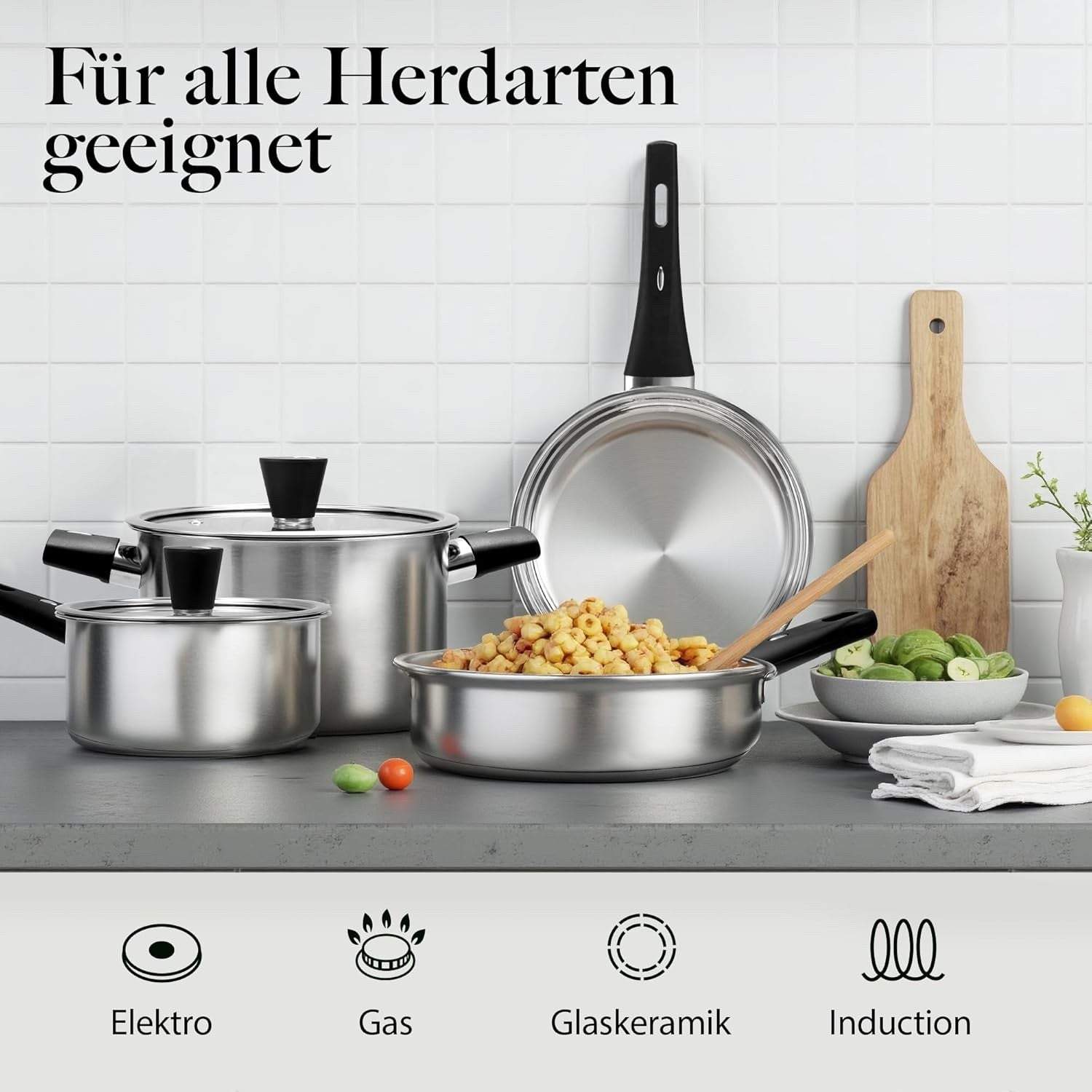 6pcs Stainless Steel Pot and Pans Cookware Set with Lid Induction Ready