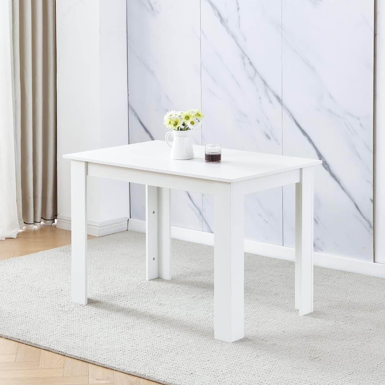 Modern 5-Piece Dining Set White Table White Velvet Chairs Compact Kitchen