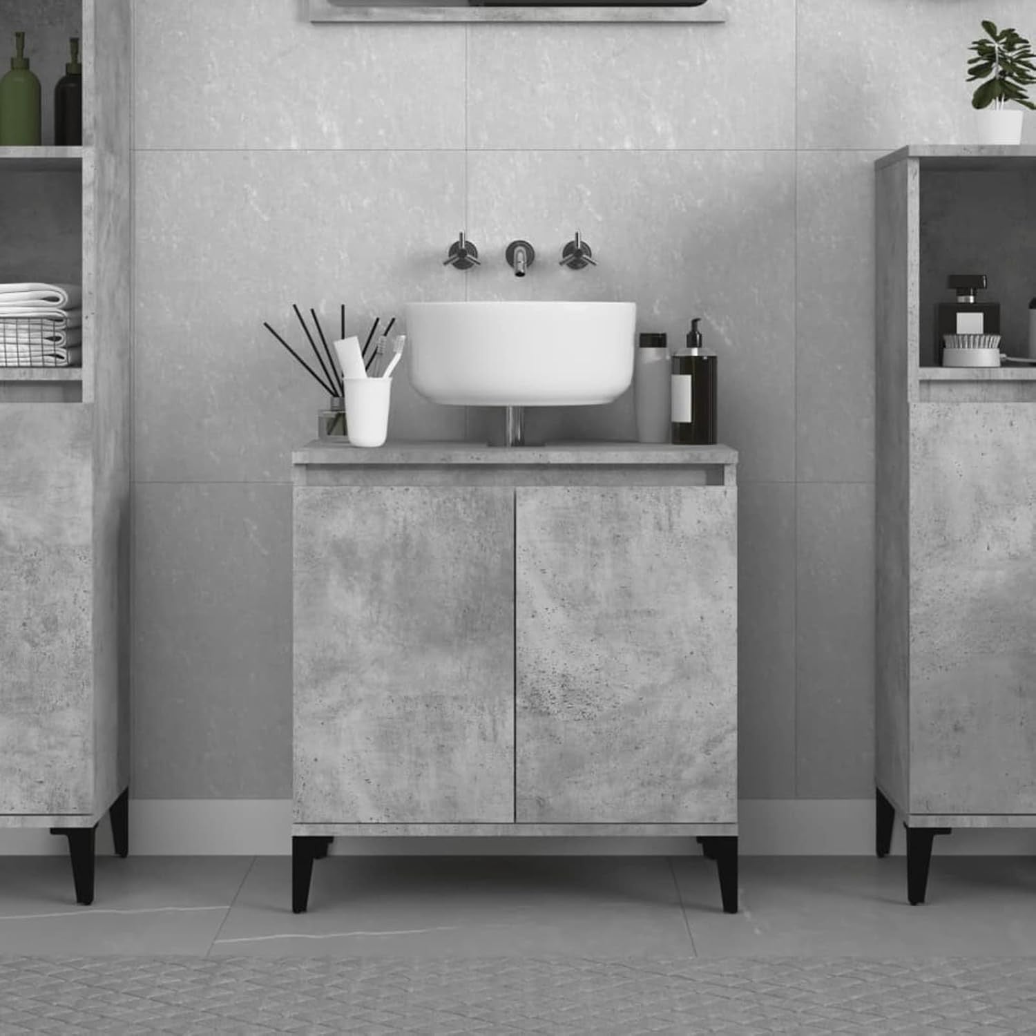 Concrete Grey Bathroom Sink Cabinet | Modern Under Sink Storage Unit 58x33x60cm
