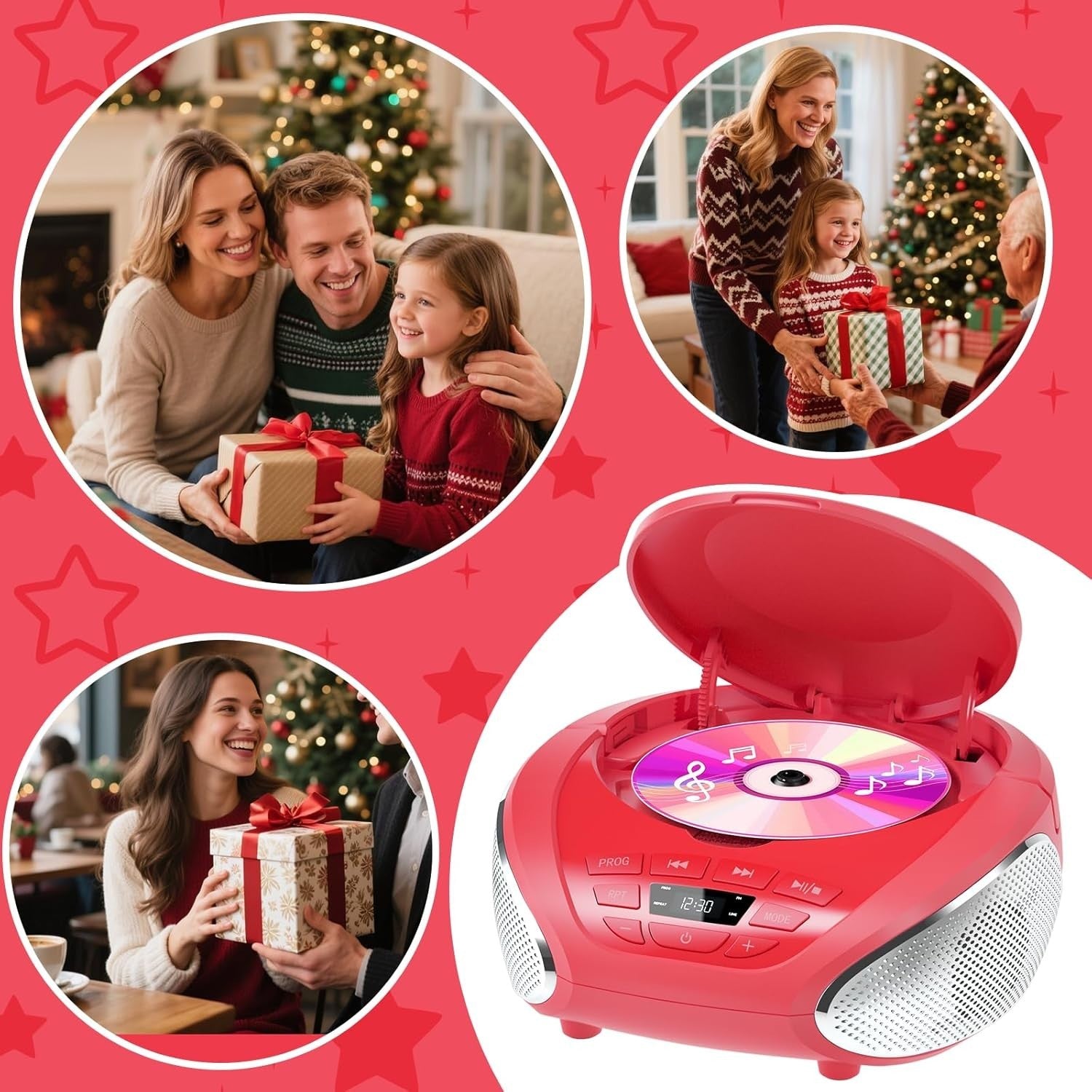 Portable CD Player Boombox Speakers FM Radio AUX Headphone Jack Red
