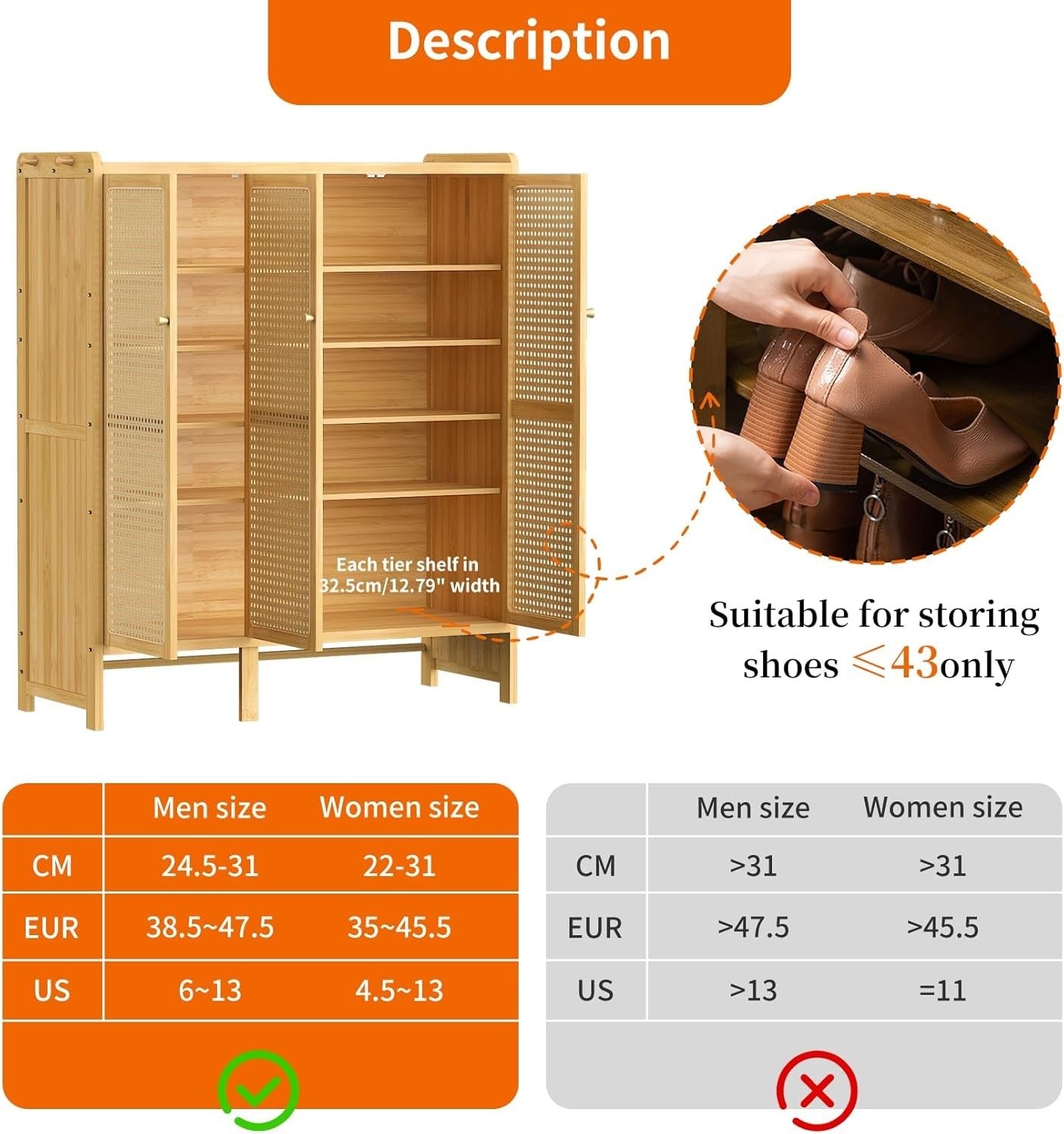 Large 5-Tier Bamboo Shoe Cabinet with Rattan Doors & Side Hooks, Slim Organizer