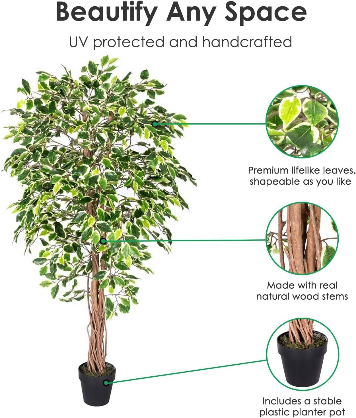 6ft Variegated Ficus Tree Artificial Plant Real Wood Trunk Lifelike Indoor Decor