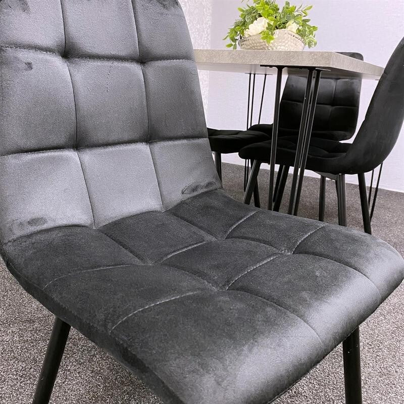 Grey Dining Table Set with 4 Black Velvet Chairs – Hairpin Legs 4 Seater