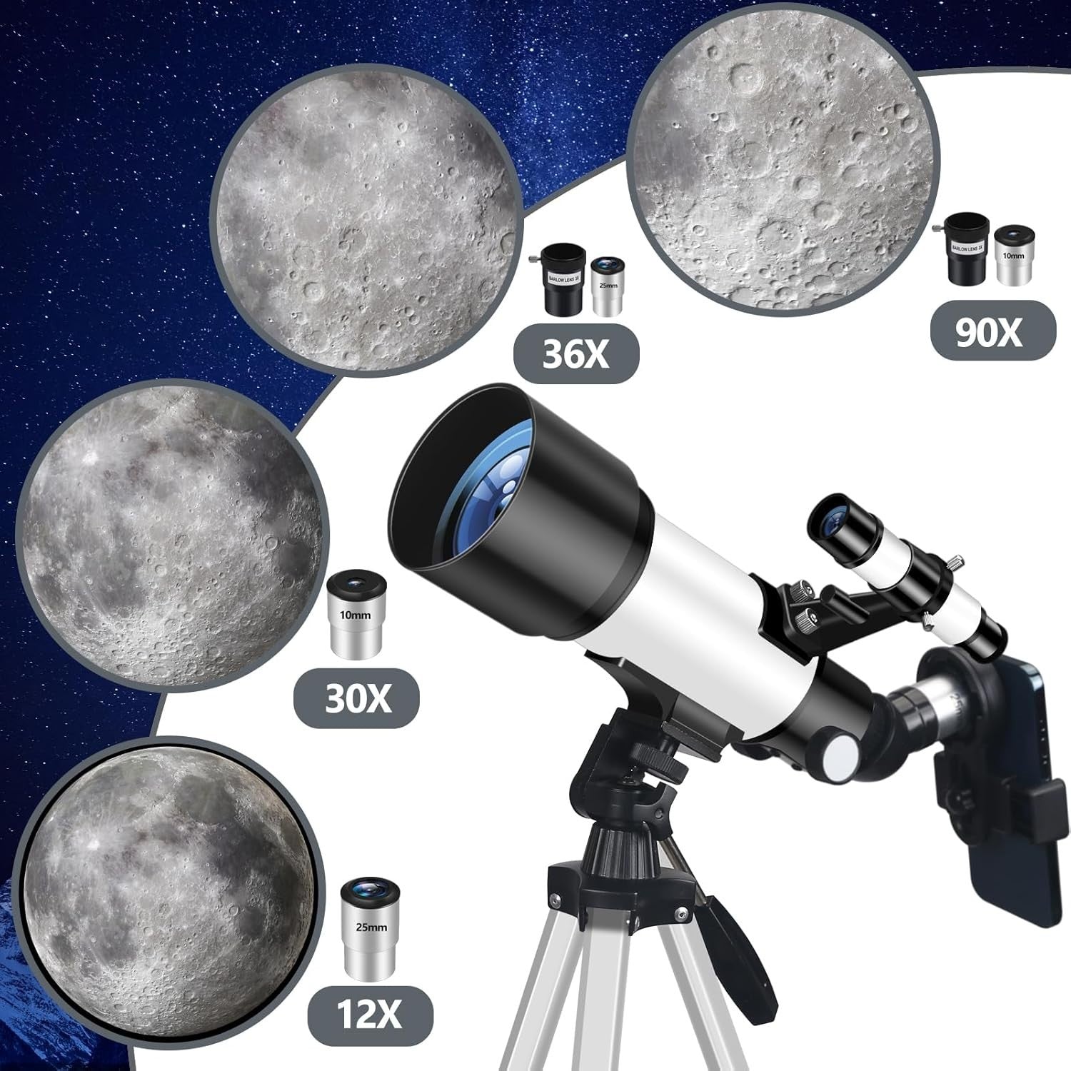 70mm Aperture 400mm Refractor Telescope for Kids & Adults - White
