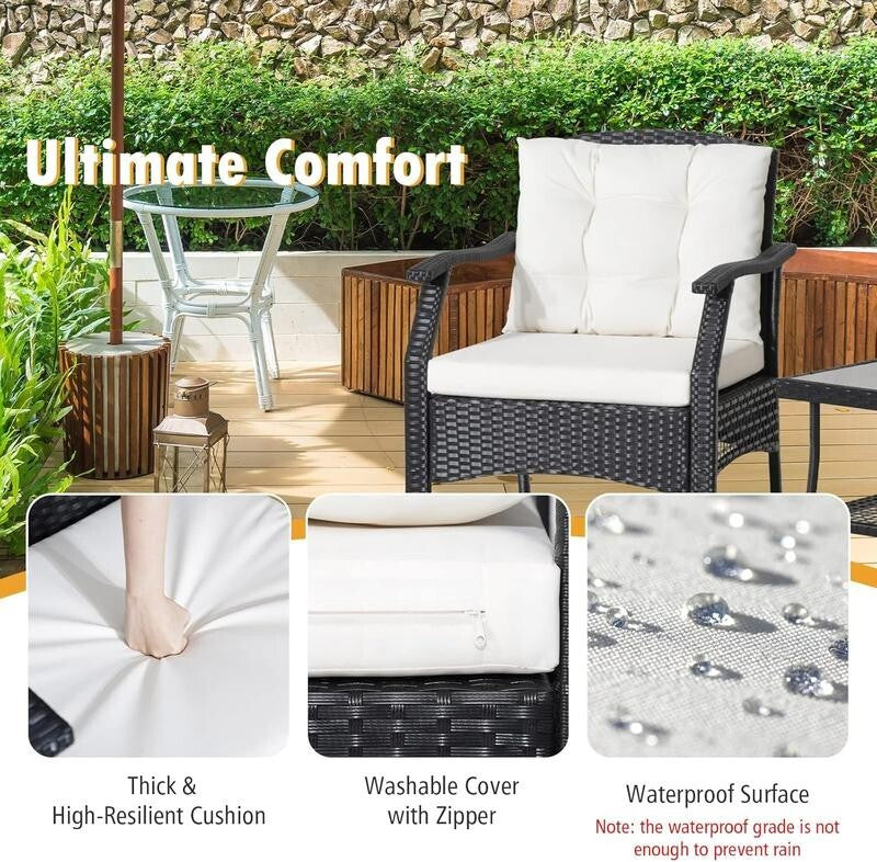 3pc Rattan Bistro Set with Cushions & Glass Table Garden Patio Balcony Set