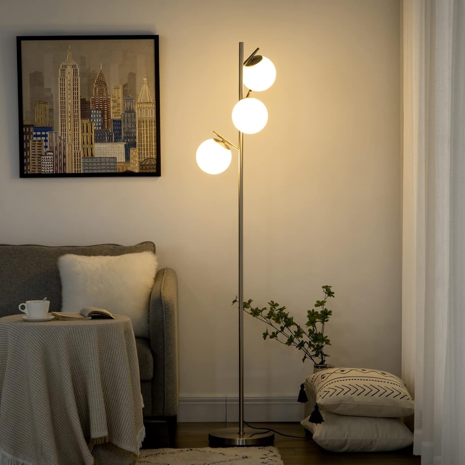 Modern 3-Light Tree Floor Lamp with Globe Shades & Sturdy Steel Base