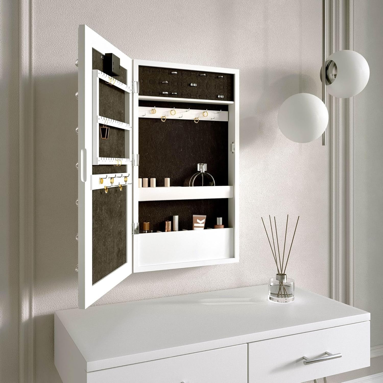 White LED Jewellery Cabinet Mirror Wall Mounted Tabletop Storage