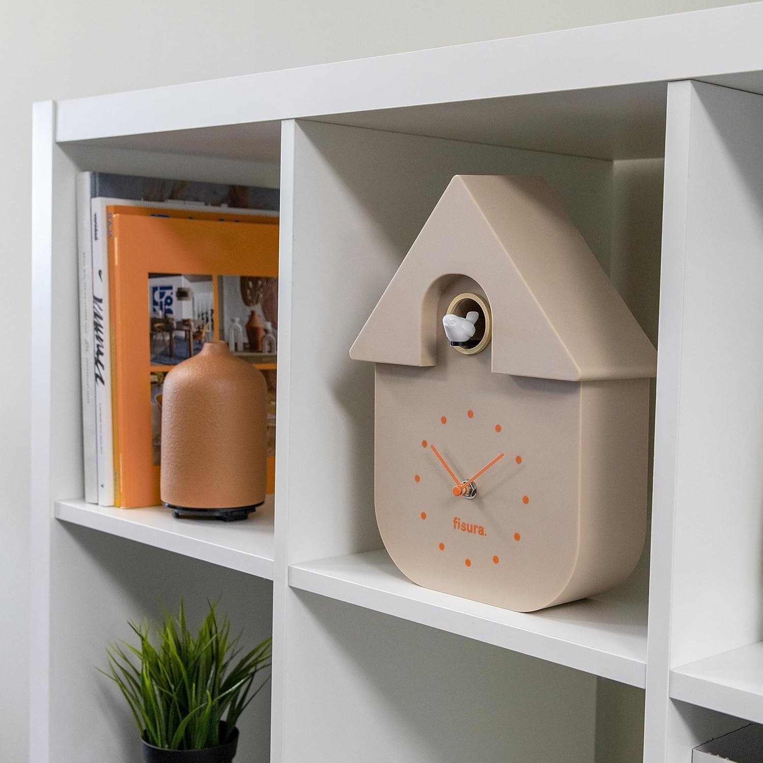 Modern Beige Cuckoo Wall Clock with Orange Dial | Silent, Battery Operated