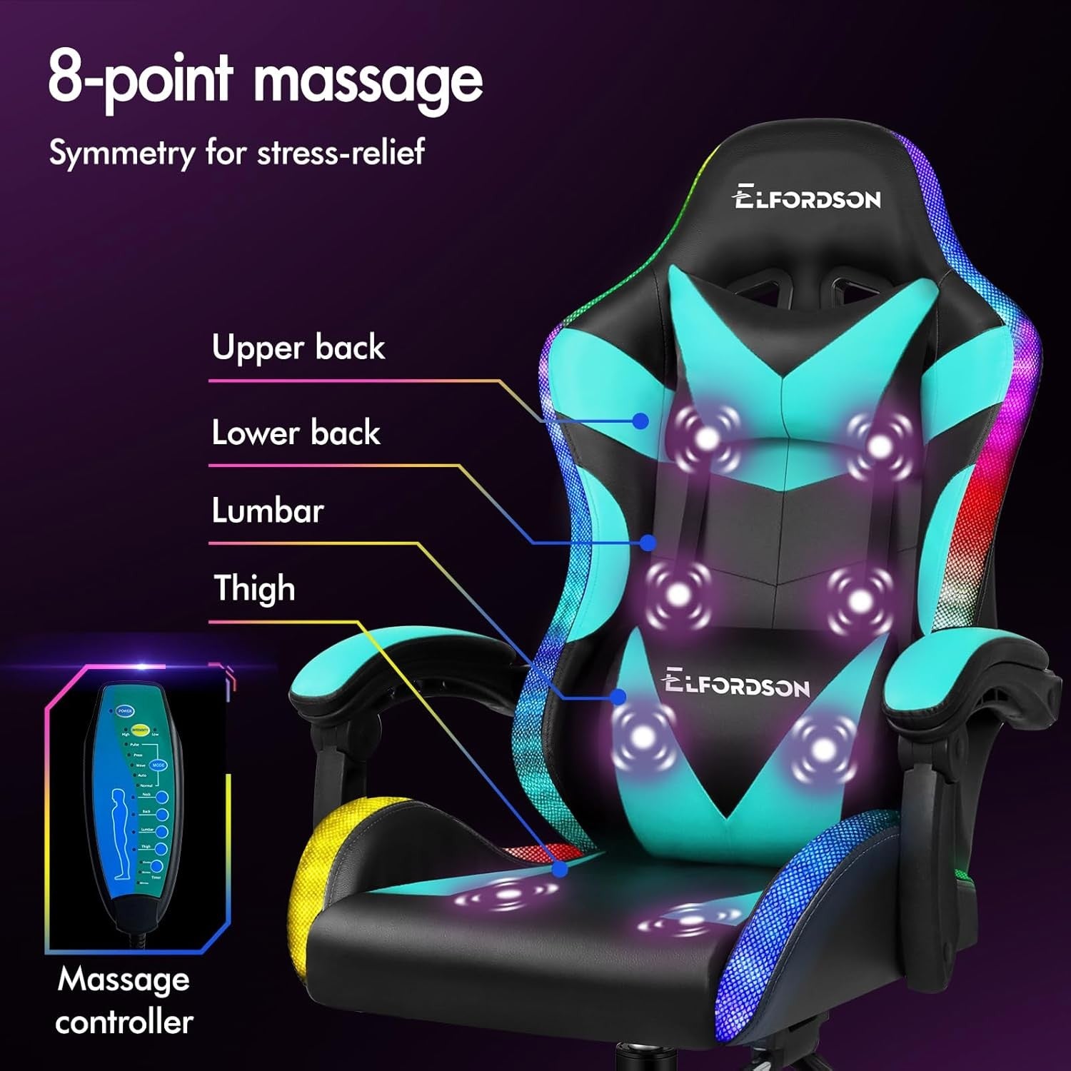 Cyan LED Gaming Chair RGB 8-Point Massage Recliner w/ Footrest