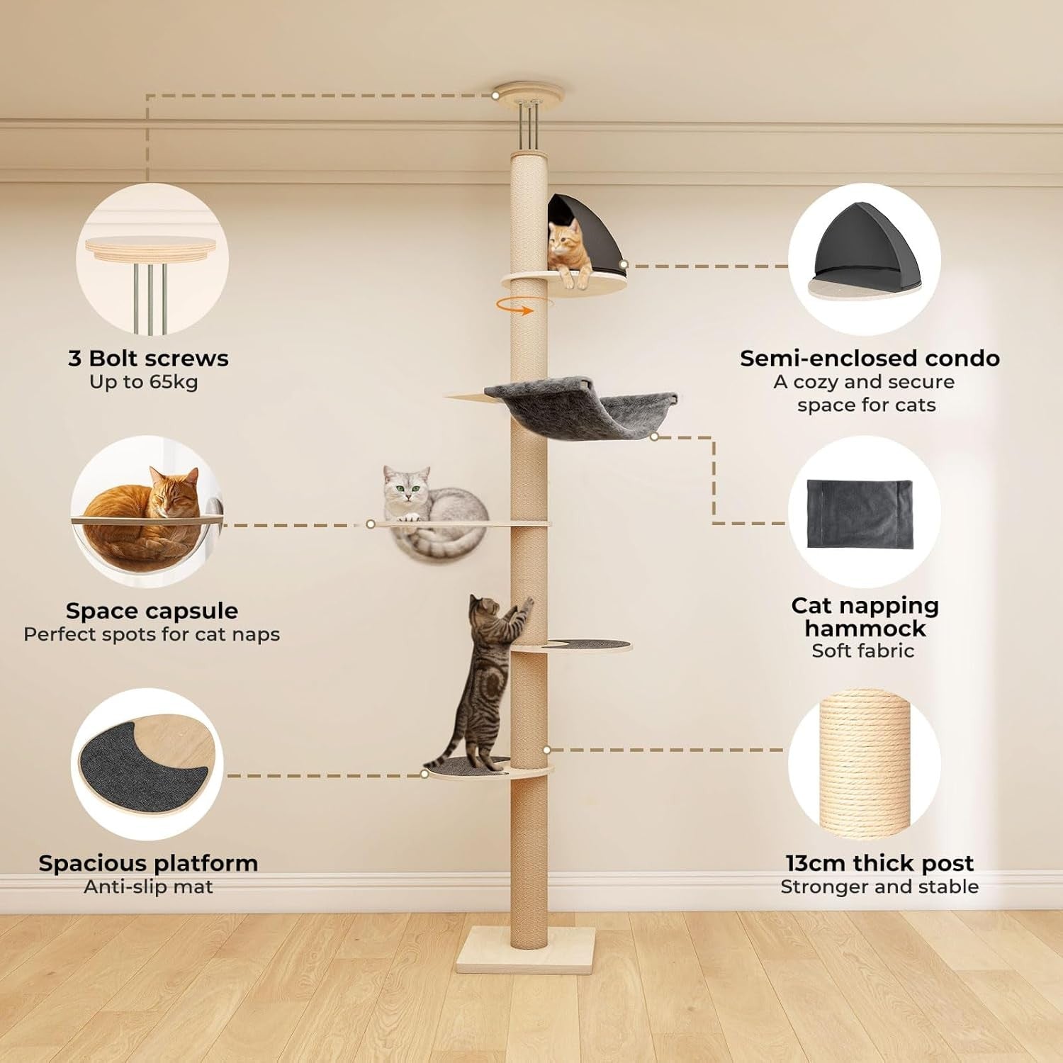 Floor to Ceiling Cat Tree Adjustable 6 Level Scratching Tower Hammock