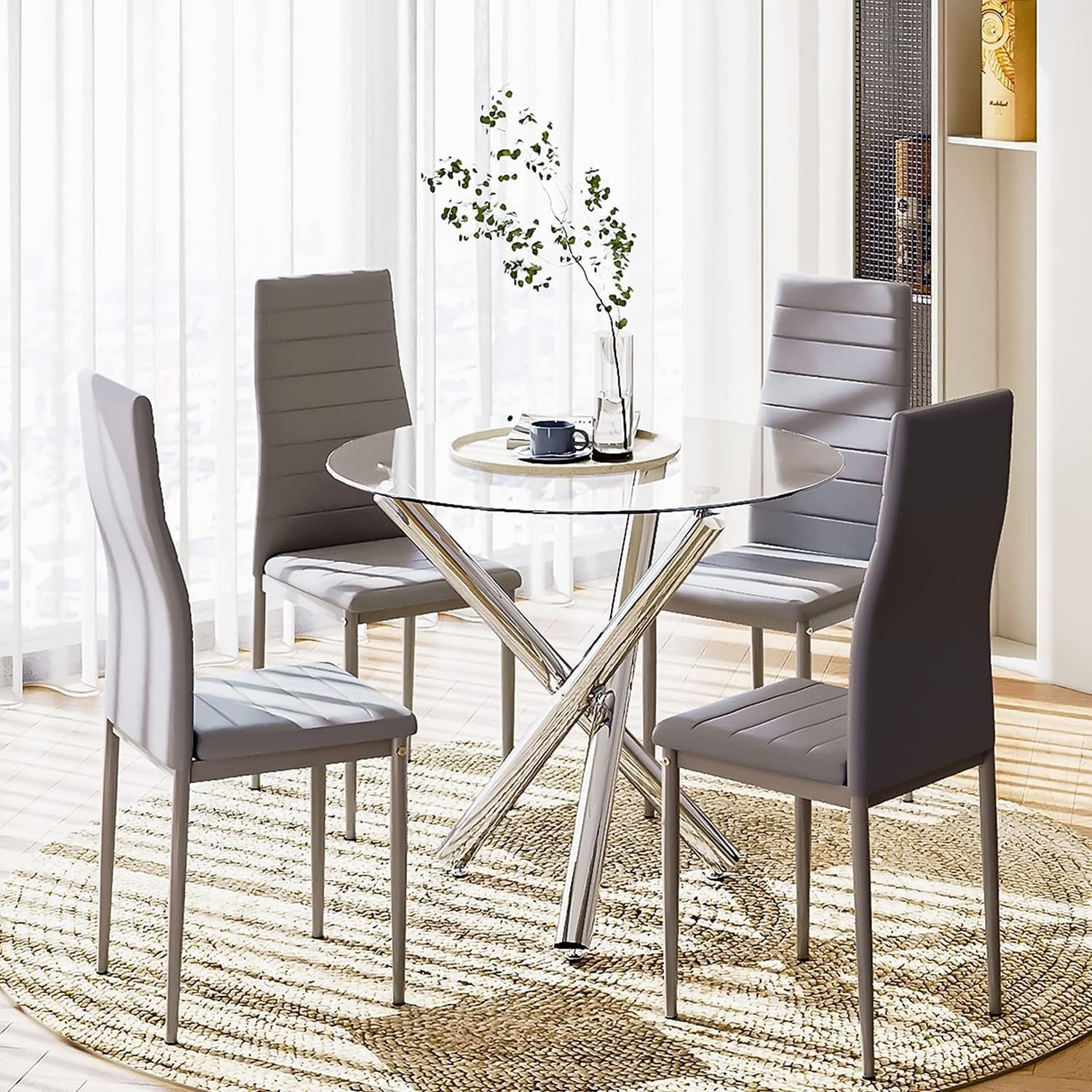 Round Glass Dining Table Set with 4 Grey PU Chairs 90cm Modern