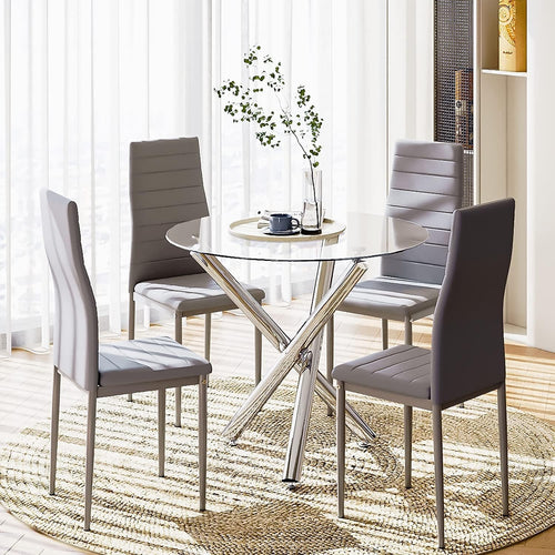 Round Glass Dining Table Set with 4 Grey PU Chairs 90cm Modern
