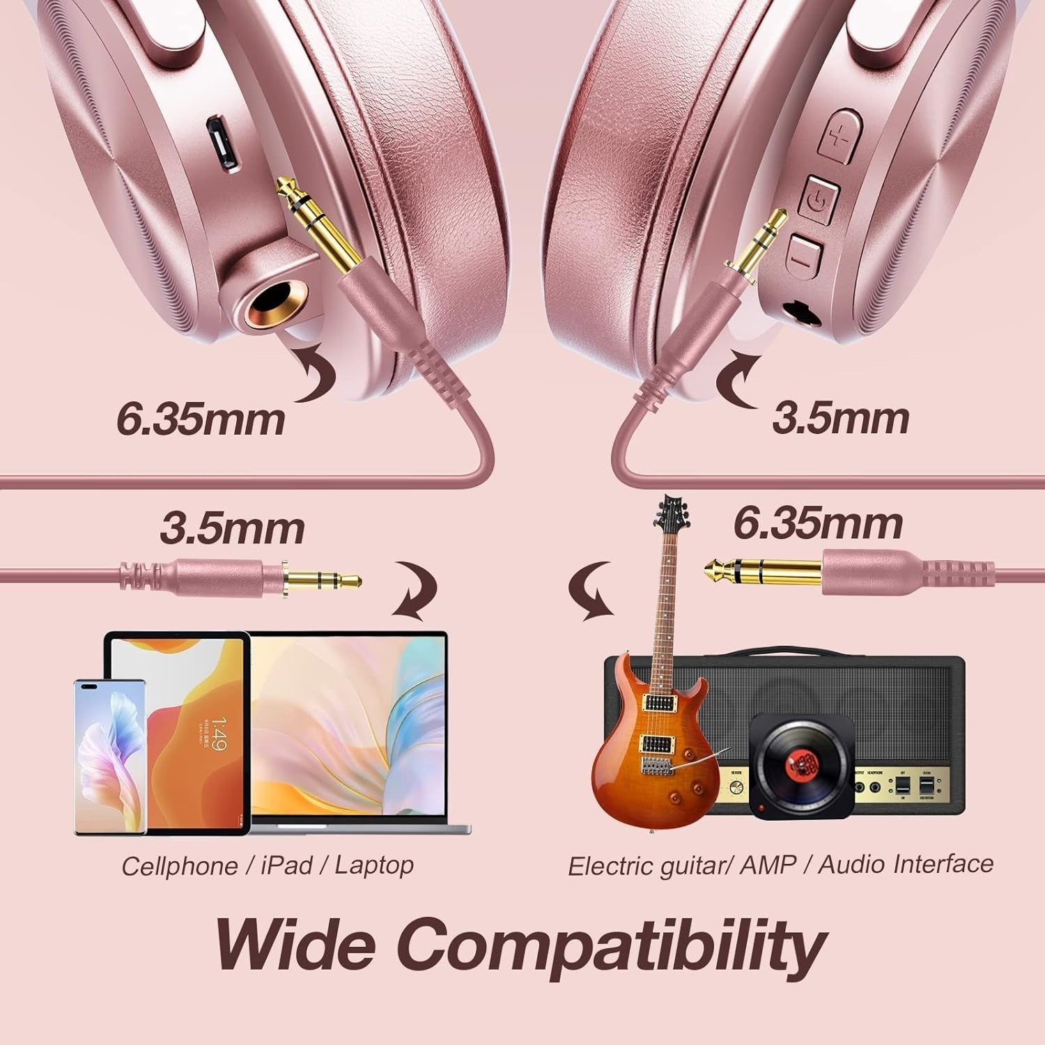 OneOdio Rose Gold Bluetooth Headphones 72H Studio Over Ear Foldable DJ Set