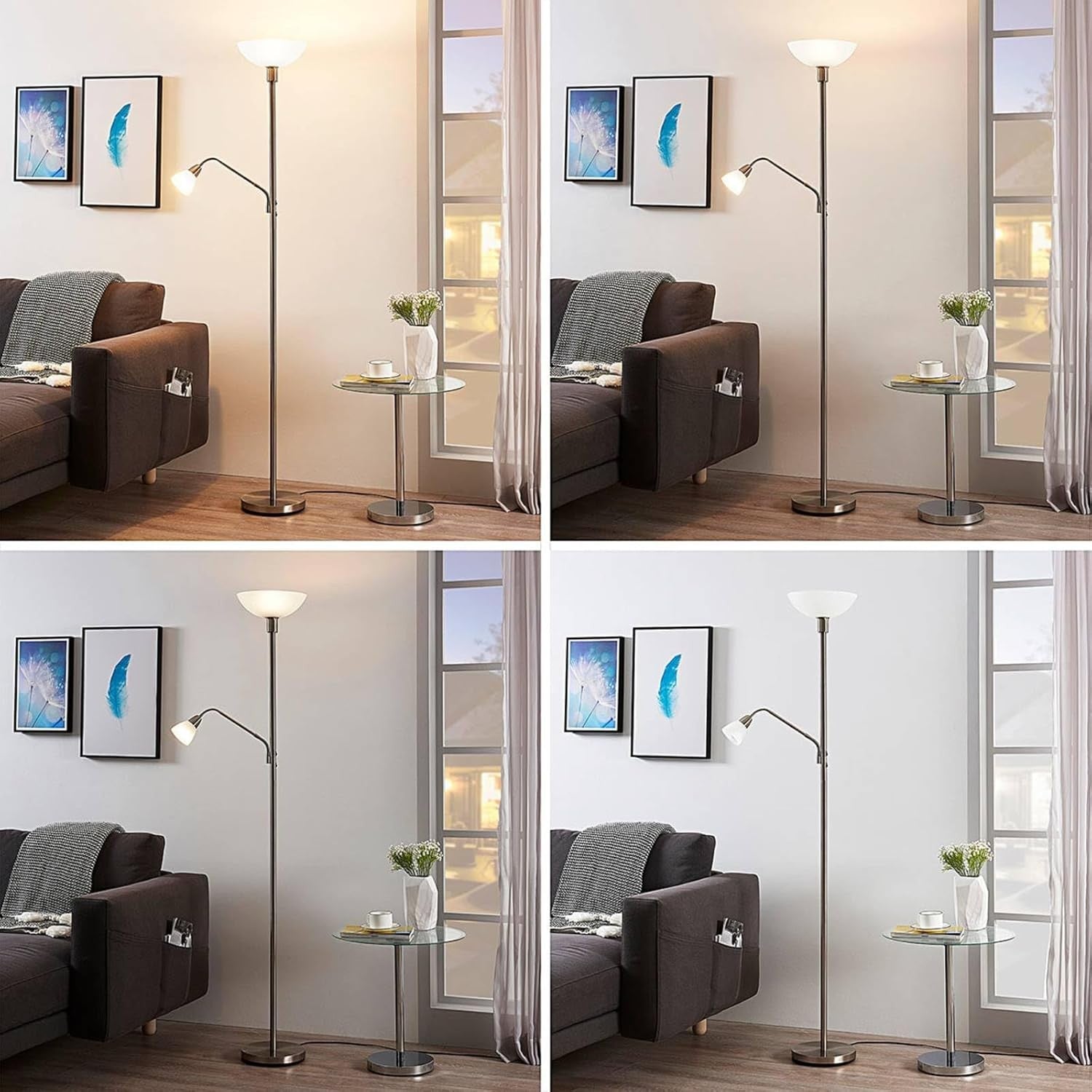Silver Uplighter Floor Lamp with Reading Light Satin Nickel Frosted Glass