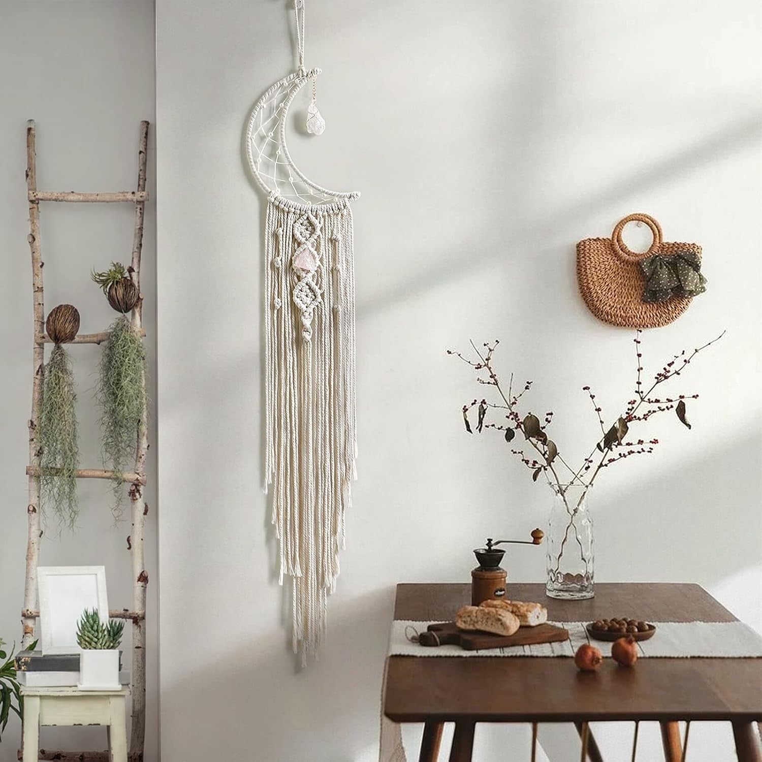 Boho Macrame Moon Wall Hanging White Crystal Dreamcatcher Decor