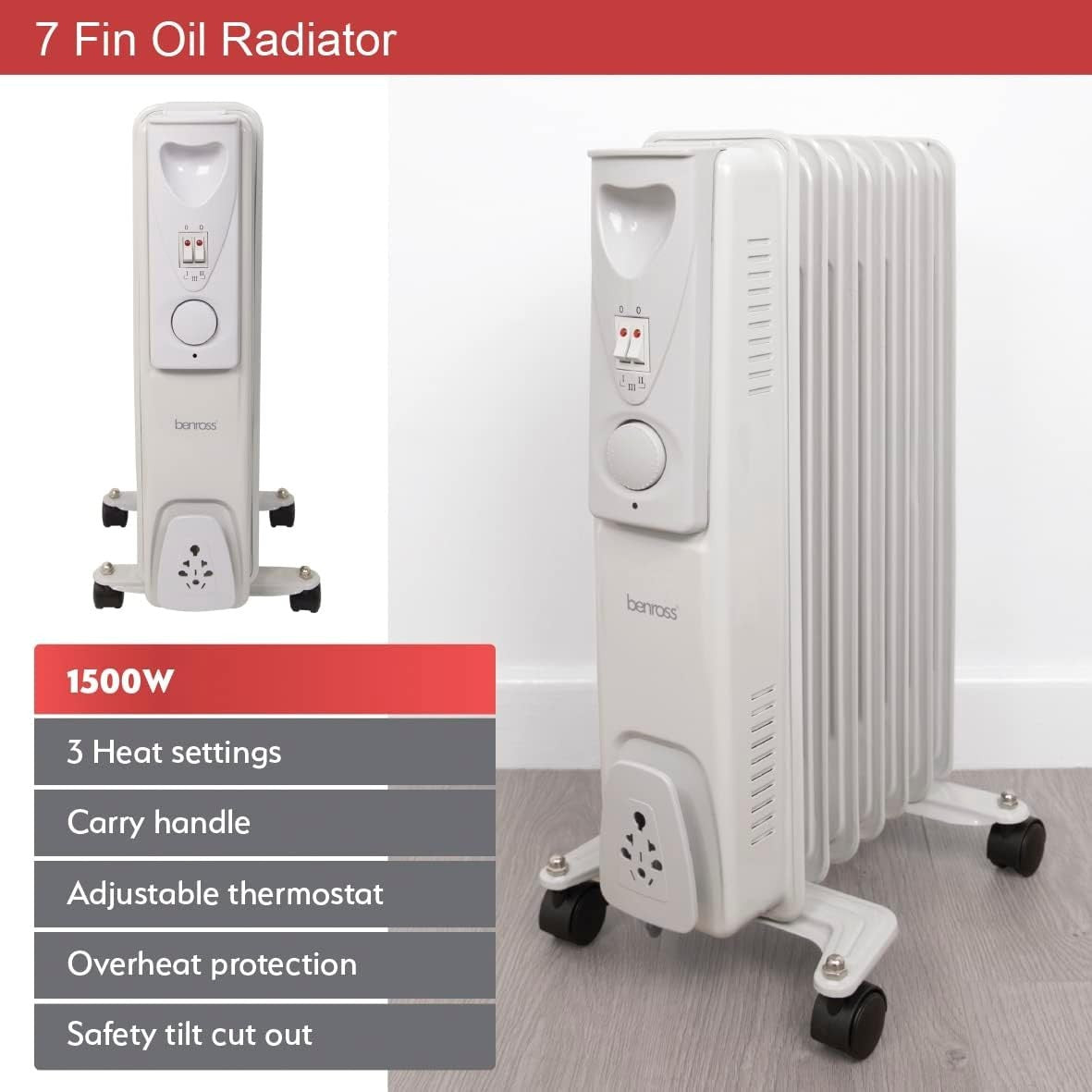 Portable 7-Fin Oil Filled Radiator 1500W Adjustable Thermostat White