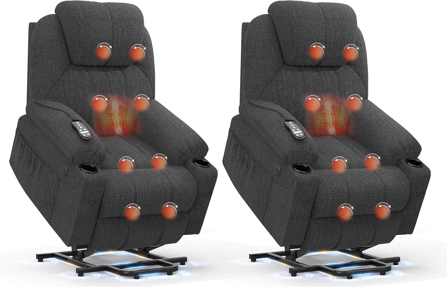 Set of 2 Lift Recliner Chairs Massage Heat USB-C Footrest Cup Holders Deep Grey
