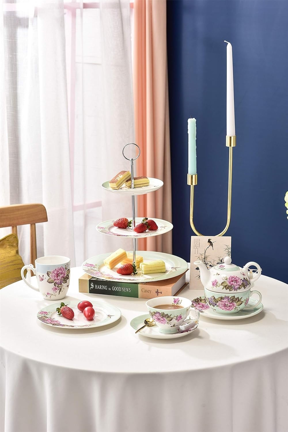 Tea For One Teapot Cup Saucer Set Teal Floral Bird Rose Gift Box