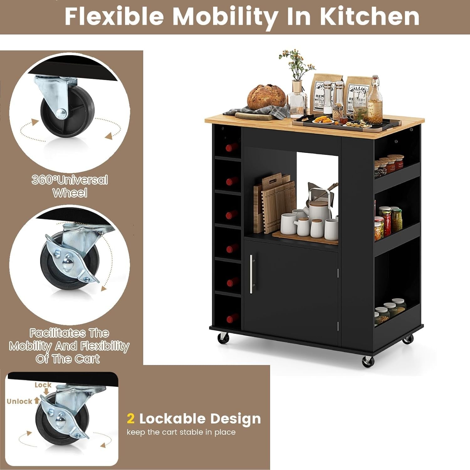 Kitchen Storage Trolley on Wheels Island Cart Bamboo Top Cabinet Wine Rack
