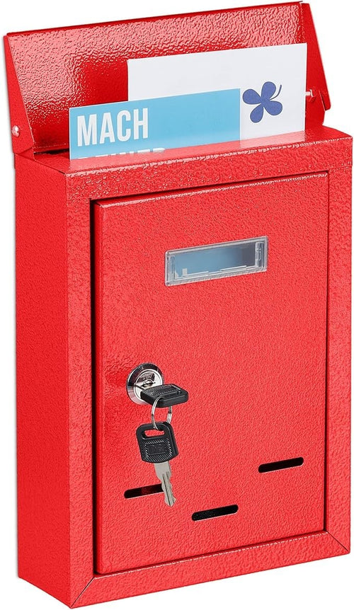 Lockable Wall Mounted Post Box Red Iron Compact Secure Mailbox 26.5x19x6.5cm