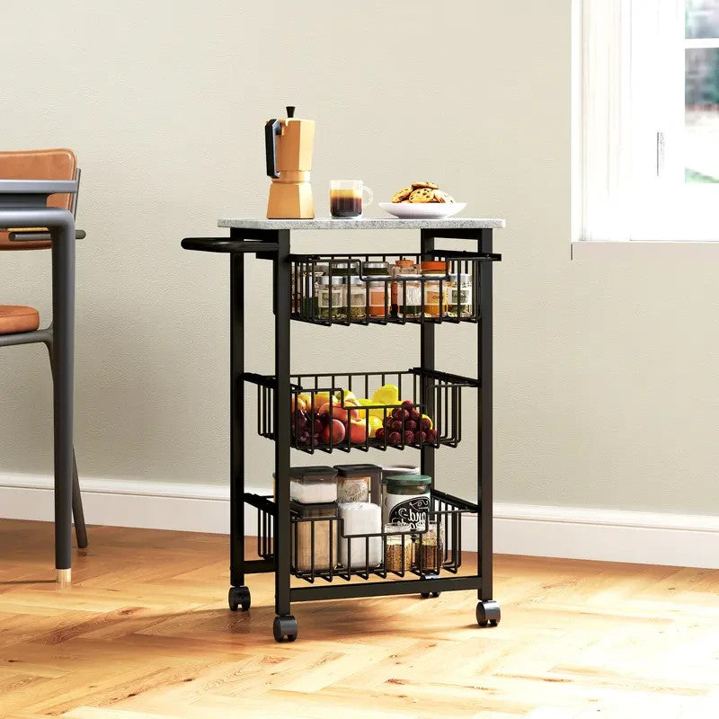 Rolling Kitchen Trolley with 5 Mesh Baskets & Marble Top – Light Grey