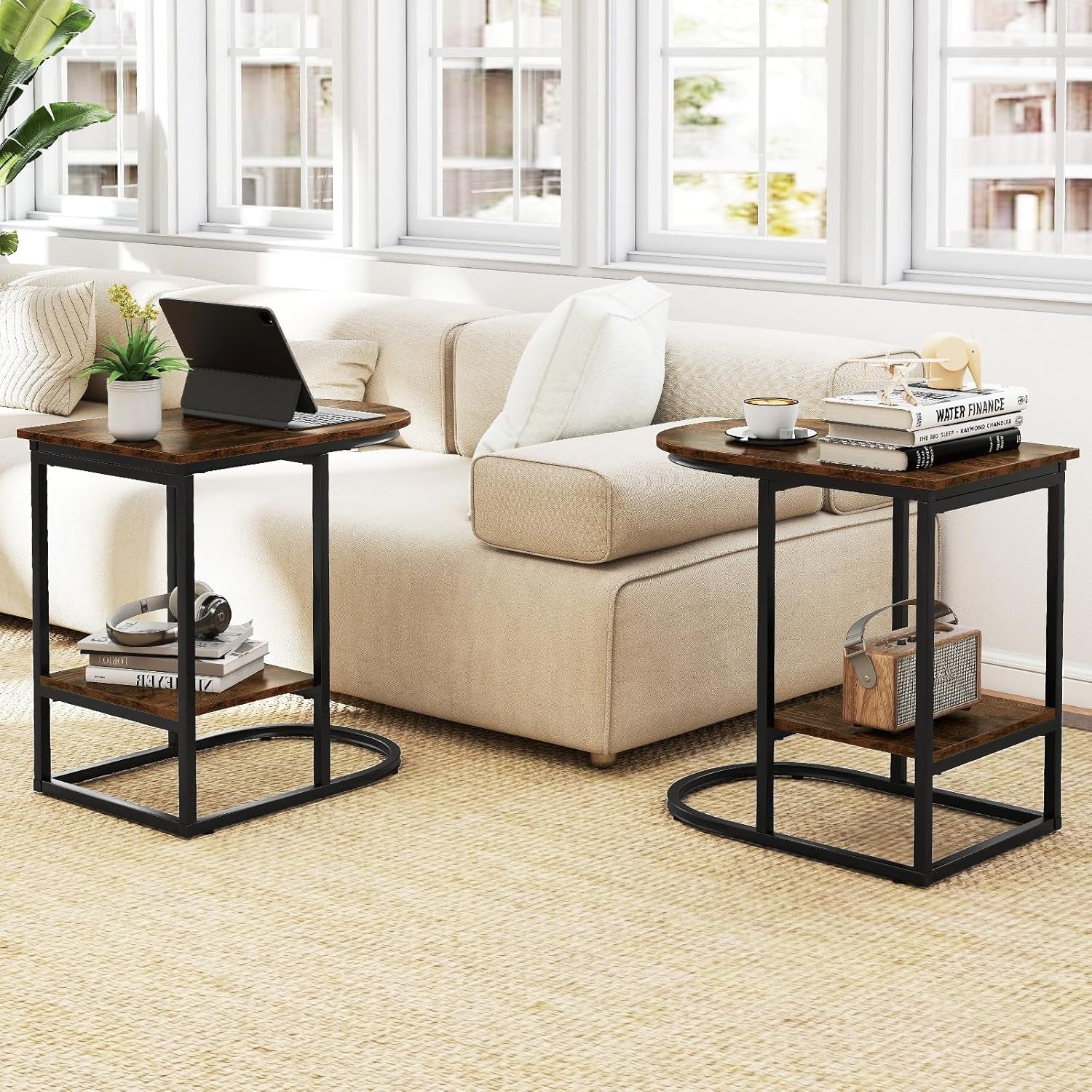 Rustic Brown C-Shaped Side Table with Shelf – Industrial Sofa Laptop Stand