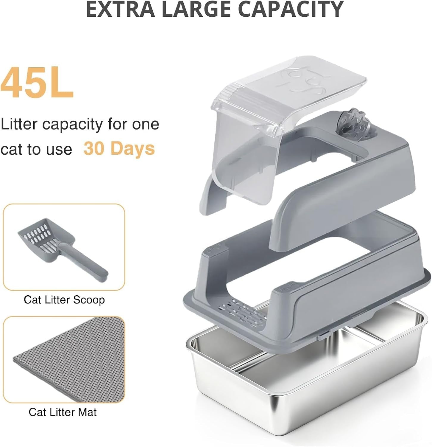XL Stainless Steel Cat Litter Box Clear Lid High Sided Grey Tray