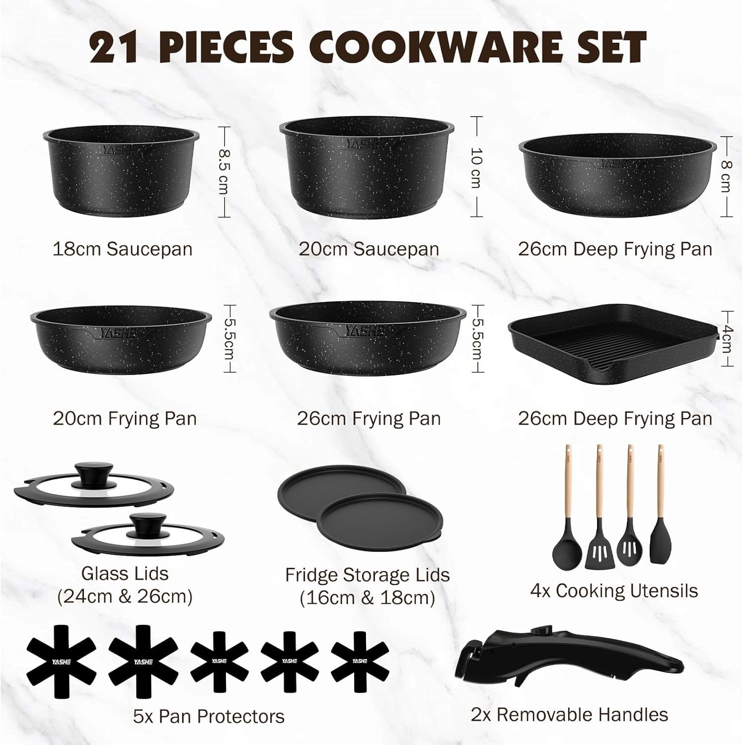 21pcs Grey Non Stick Cookware Set with Removable Handles – Induction, Oven Safe