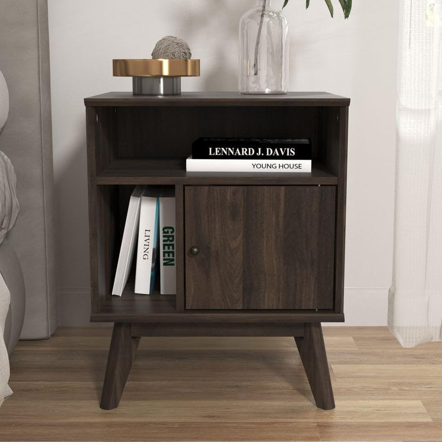 Modern Walnut Bedside Table with Drawer & Open Shelf – Slim Wooden Side Table