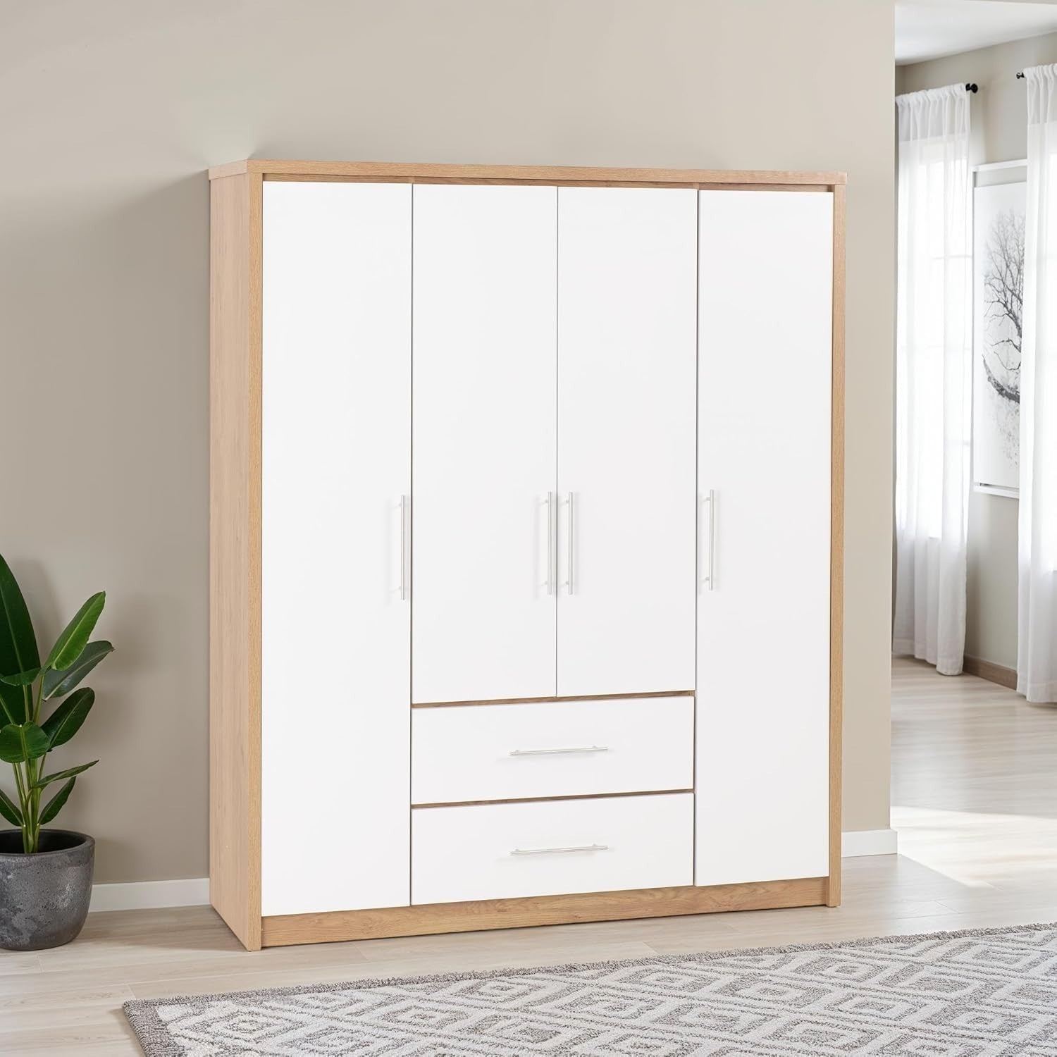 White Gloss 4 Door Wardrobe with 2 Drawers Oak Effect – Spacious & Lockable